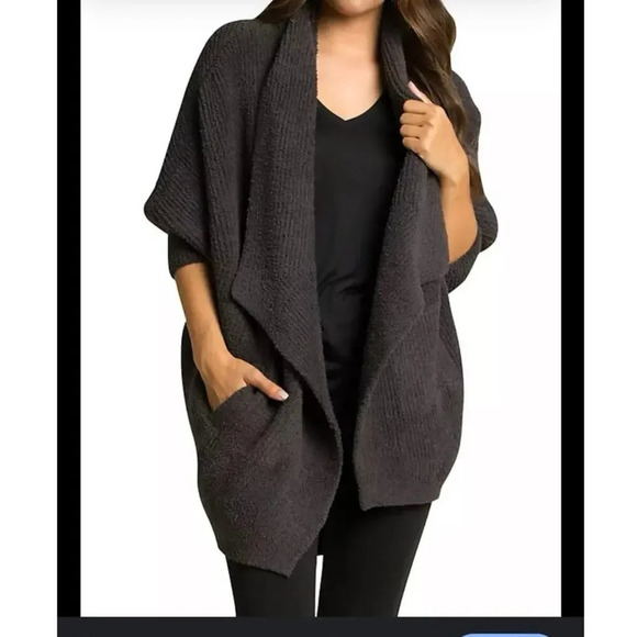 Barefoot Dreams cozy chic S/M gray ribbed pocketed 3/4 puff cardigan sweater - Picture 3 of 11